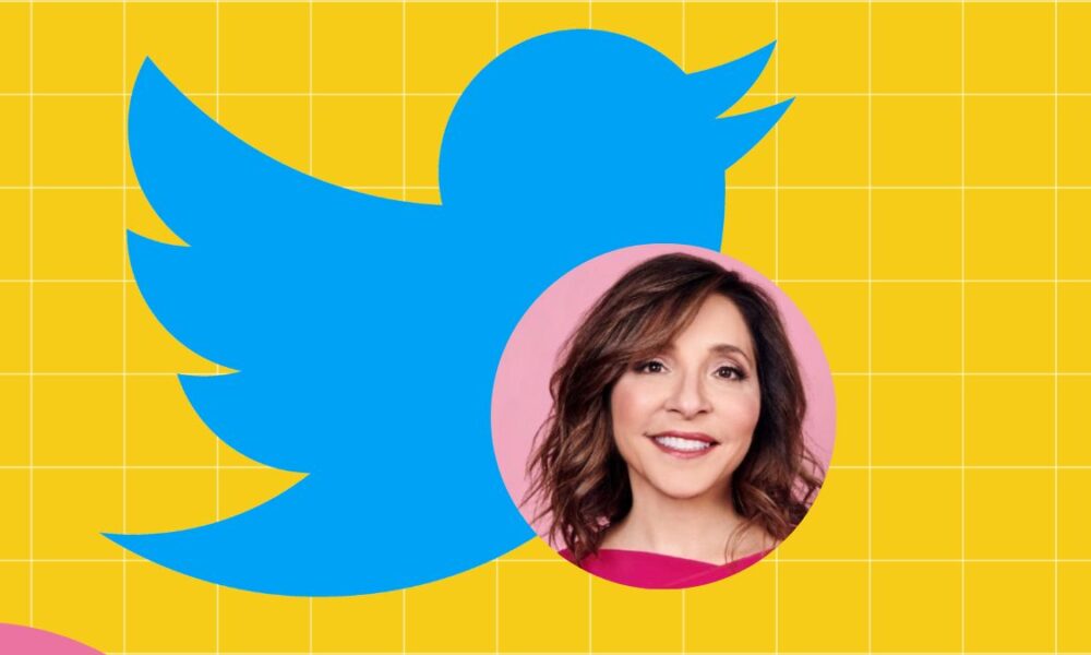 A photo of Linda Yaccarino and the Twitter logo