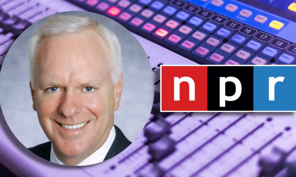 A photo of the NPR logo and John Lansing
