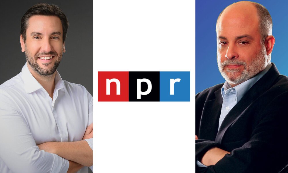A photo of Clay Travis, the NPR logo, and Mark Levin